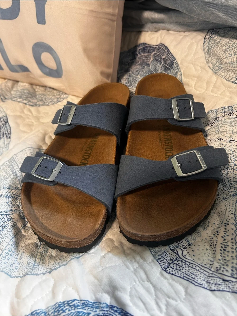 Birkenstock Two-Strap Sandals in Blue with Brown Footbed size 38=7/7.5